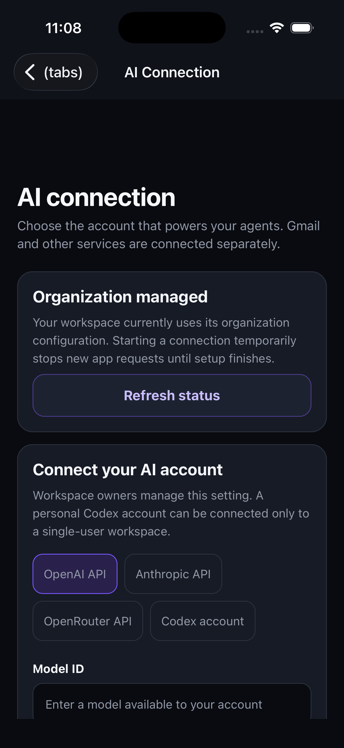 Nexum Mobile AI connection screen: Choose the account behind your agents.