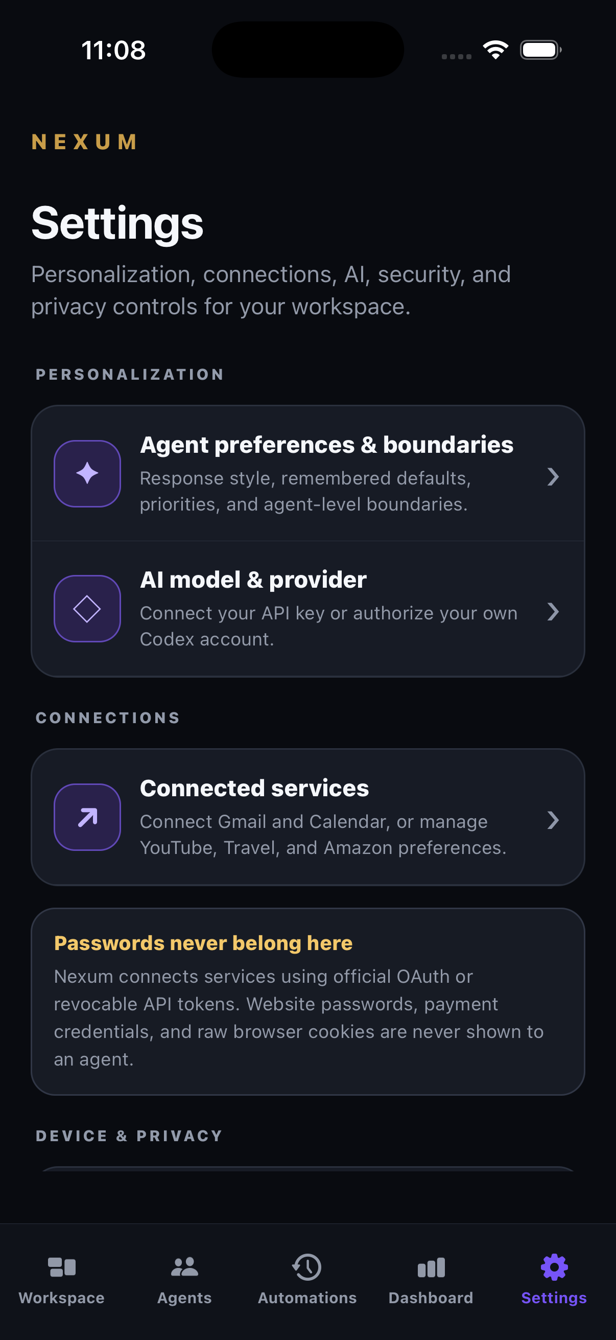 Nexum Mobile Settings screen: Make the workspace yours.